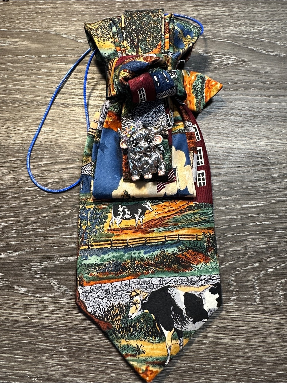 Windsor Multicolor Scenic Cow Necklace Tie with Silver Highland Cow Accent